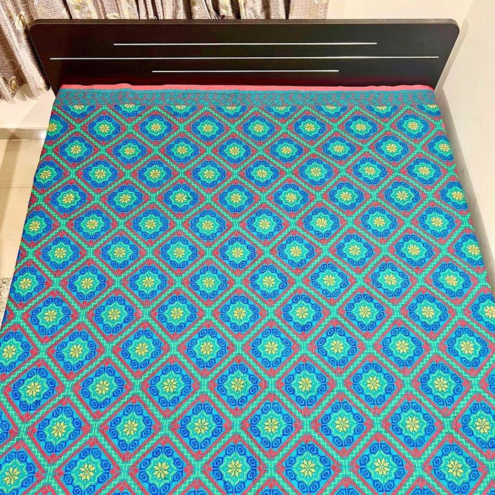 Embroidery Cotton Double Size Bedsheet | Floral Pattern - Red, Blue & Yellow on Green BG - Taalapatra