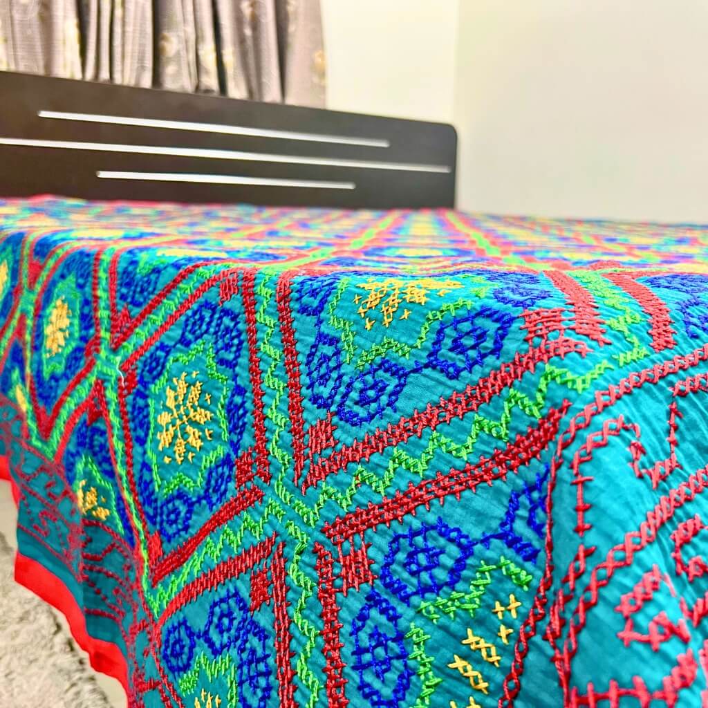 Embroidery Cotton Double Size Bedsheet | Floral Pattern - Red, Blue & Yellow on Green BG - Taalapatra