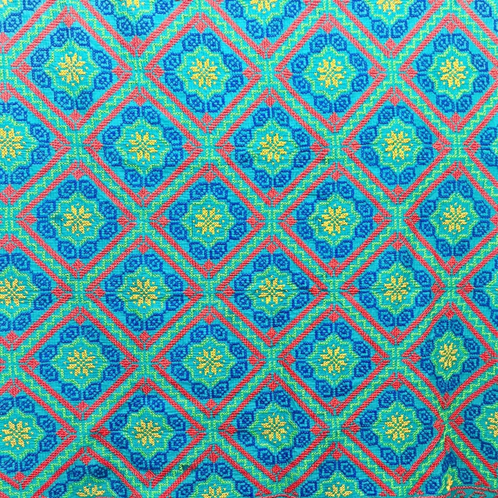 Embroidery Cotton Double Size Bedsheet | Floral Pattern - Red, Blue & Yellow on Green BG - Taalapatra
