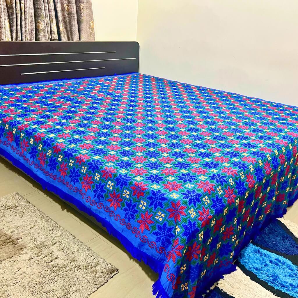 Embroidery Cotton Double Size Bedsheet | Floral Pattern - Red, Blue, Green & White on Blue BG - Taalapatra