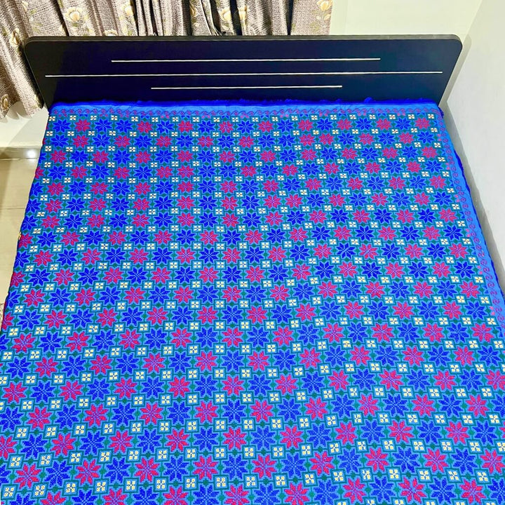 Embroidery Cotton Double Size Bedsheet | Floral Pattern - Red, Blue, Green & White on Blue BG - Taalapatra