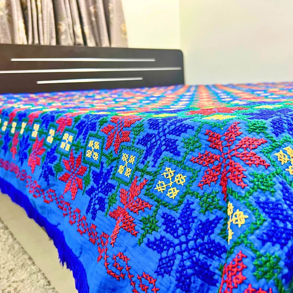 Embroidery Cotton Double Size Bedsheet | Floral Pattern - Red, Blue, Green & White on Blue BG - Taalapatra