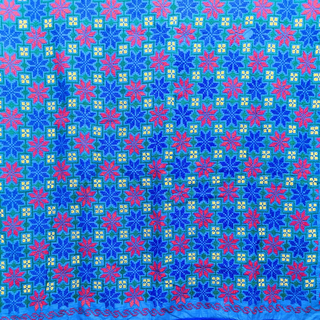Embroidery Cotton Double Size Bedsheet | Floral Pattern - Red, Blue, Green & White on Blue BG - Taalapatra