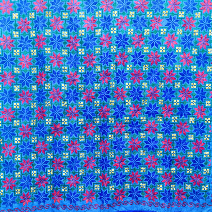 Embroidery Cotton Double Size Bedsheet | Floral Pattern - Red, Blue, Green & White on Blue BG - Taalapatra