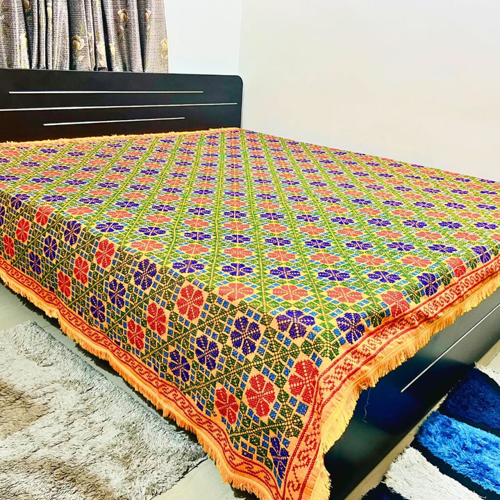 Embroidery Cotton Double Size Bedsheet | Floral Pattern - Red, Blue & Green on Yellow BG - Taalapatra