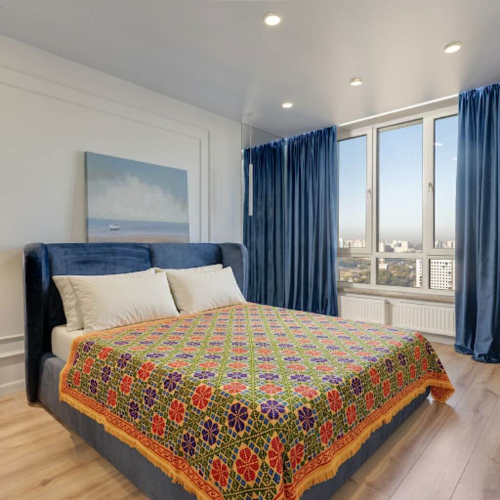 Embroidery Cotton Double Size Bedsheet | Floral Pattern - Red, Blue & Green on Yellow BG - Taalapatra Vibes