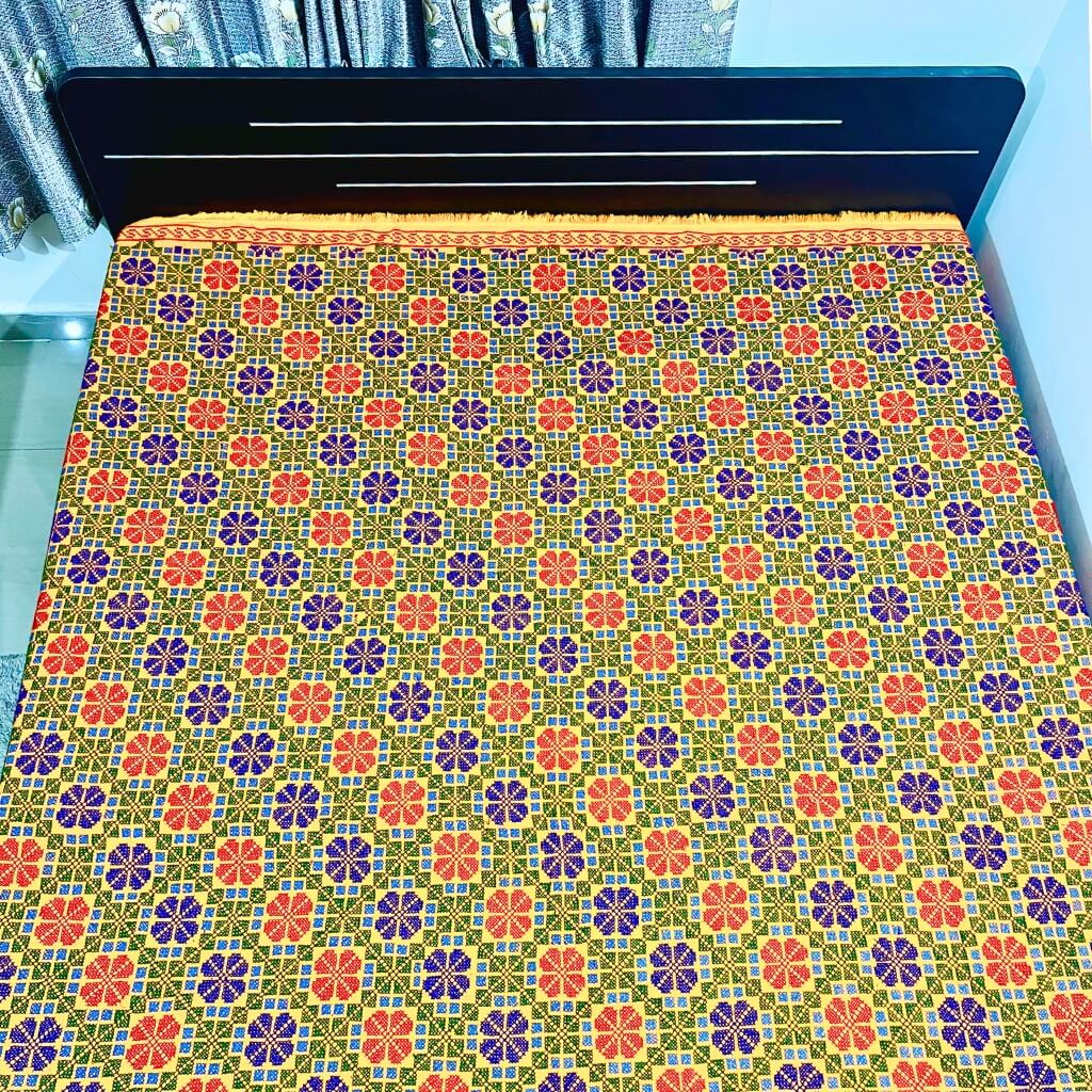 Embroidery Cotton Double Size Bedsheet | Floral Pattern - Red, Blue & Green on Yellow BG - Taalapatra