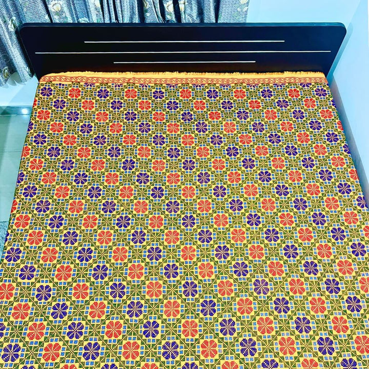Embroidery Cotton Double Size Bedsheet | Floral Pattern - Red, Blue & Green on Yellow BG - Taalapatra