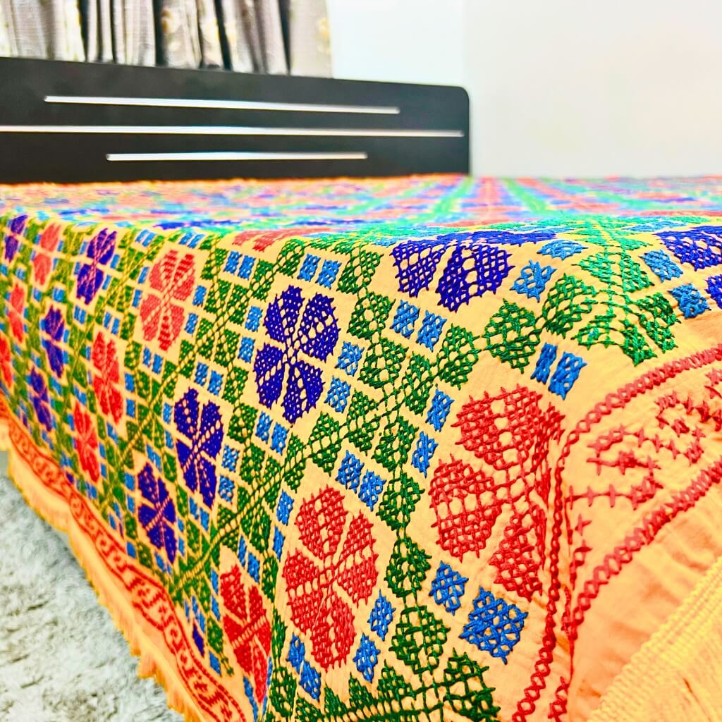 Embroidery Cotton Double Size Bedsheet | Floral Pattern - Red, Blue & Green on Yellow BG - Taalapatra