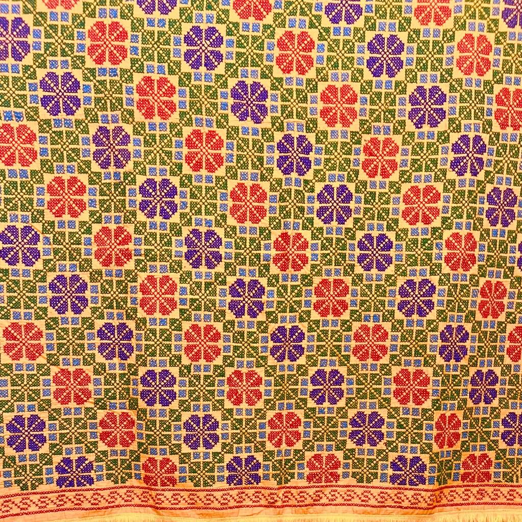 Embroidery Cotton Double Size Bedsheet | Floral Pattern - Red, Blue & Green on Yellow BG - Taalapatra