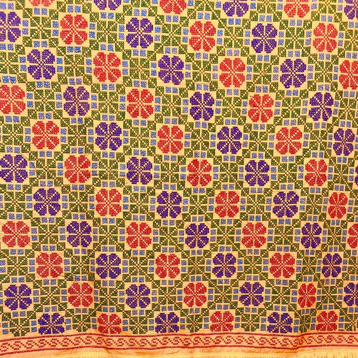 Embroidery Cotton Double Size Bedsheet | Floral Pattern - Red, Blue & Green on Yellow BG - Taalapatra