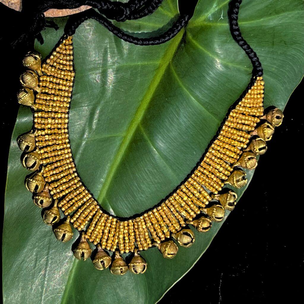 Tribal Jewellery | Choker Dhokra (Brass) Necklace with Ghungroo | Gajagamini - 5 - Taalapatra Vibes