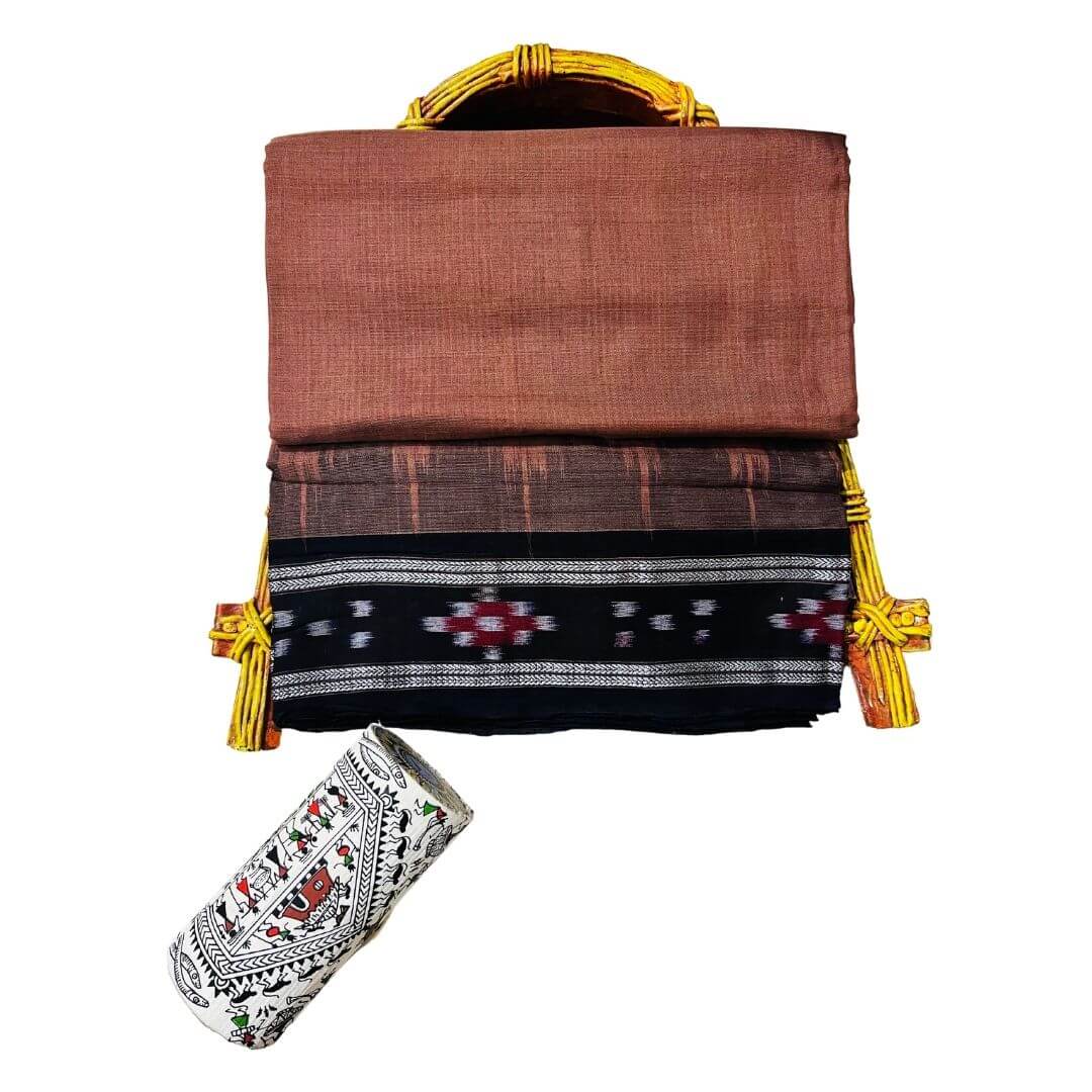 Handwoven Khadi Cotton | Sambalpuri Saree - Choco colour - Taalapatra Vibes