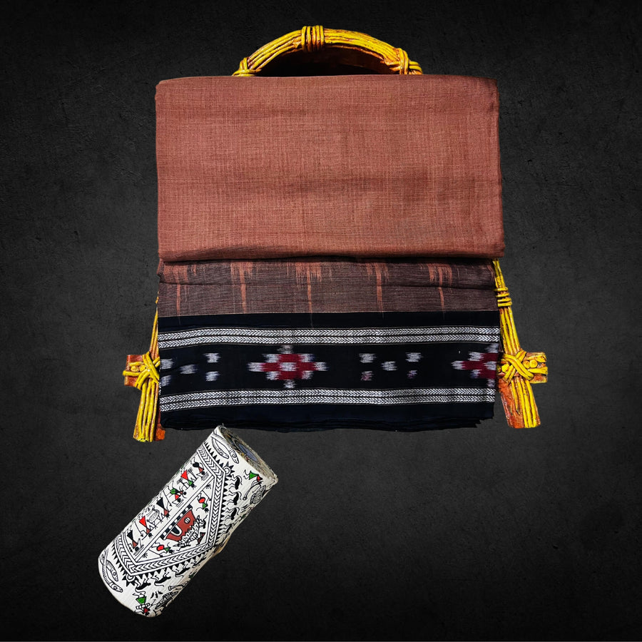 Handwoven Khadi Cotton | Sambalpuri Saree - Choco colour - Taalapatra
