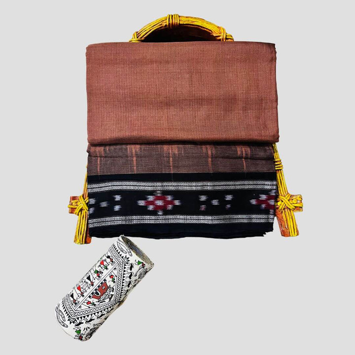 Handwoven Khadi Cotton | Sambalpuri Saree - Choco colour - Taalapatra
