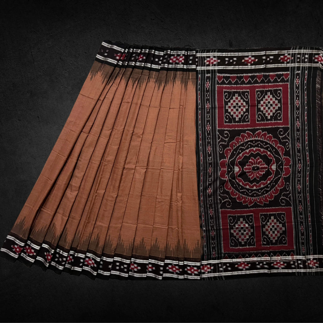 Handwoven Khadi Cotton | Sambalpuri Saree - Choco colour - Taalapatra