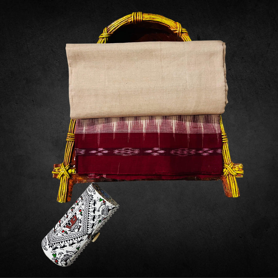 Handwoven Khadi Cotton | Sambalpuri Saree - Wheat Colour - Taalapatra