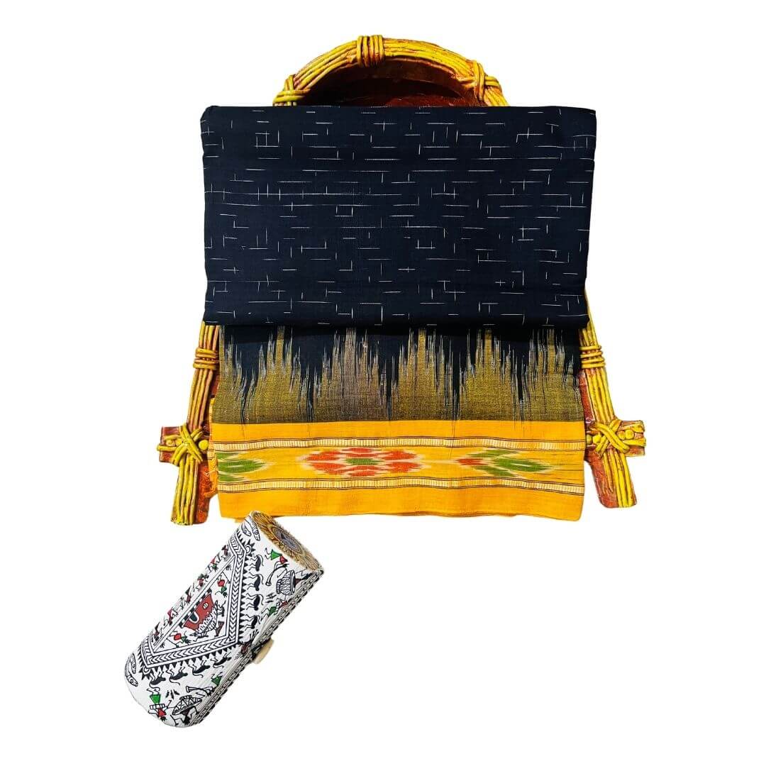 Handwoven Khadi Cotton | Sambalpuri Saree - Black Colour - Taalapatra Vibes