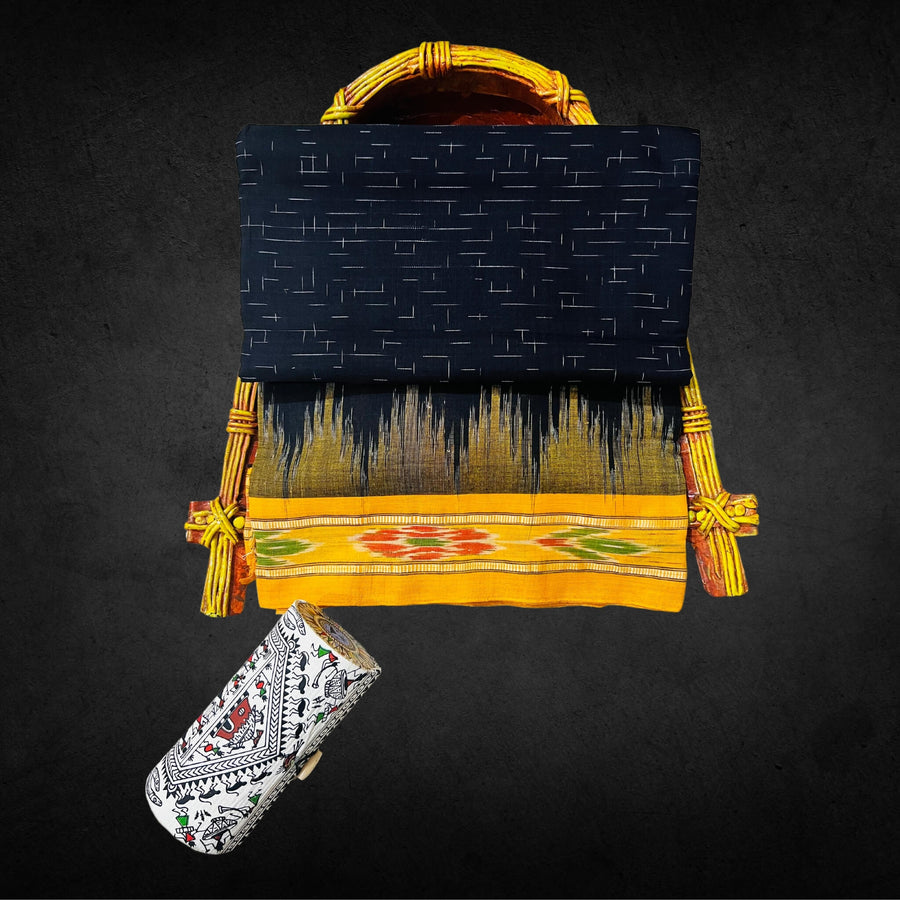Handwoven Khadi Cotton | Sambalpuri Saree - Black Colour - Taalapatra