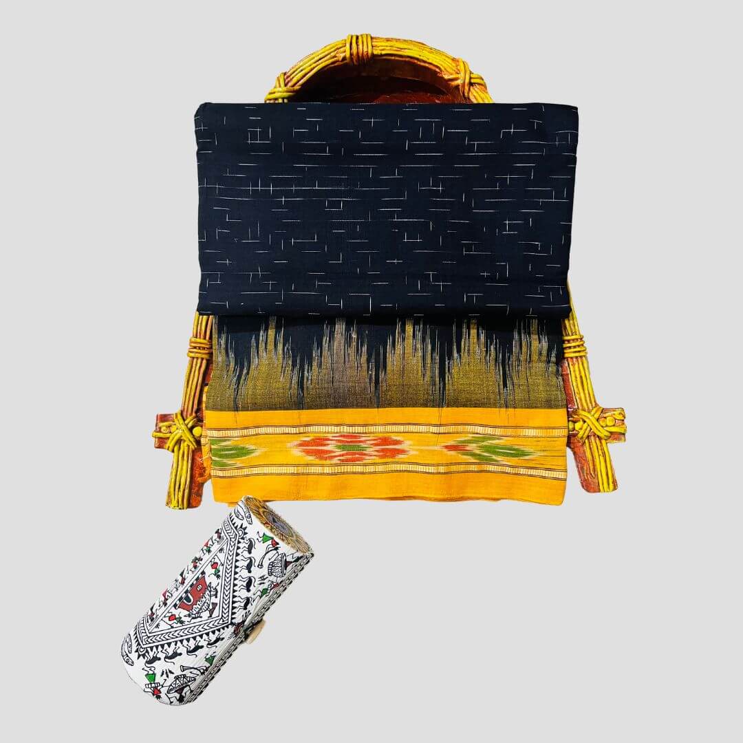 Handwoven Khadi Cotton | Sambalpuri Saree - Black Colour - Taalapatra
