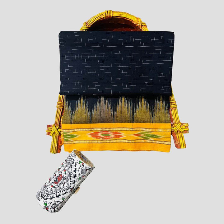 Handwoven Khadi Cotton | Sambalpuri Saree - Black Colour - Taalapatra