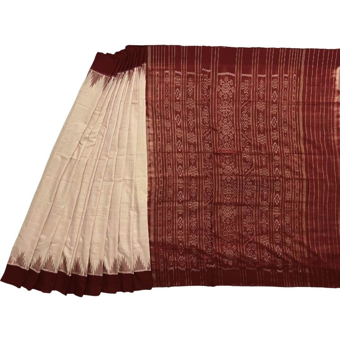 Handwoven Khadi Cotton | Sambalpuri Saree - Bisque Colour - Taalapatra Vibes