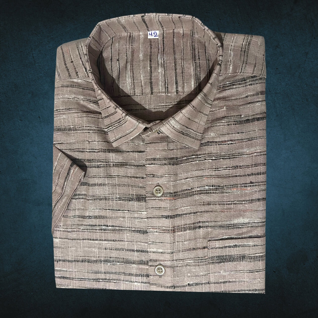 Handwoven Khadi Cotton Men's Half Sleeve Shirt | Cloud Cream with Stripes - 42" - Taalapatra