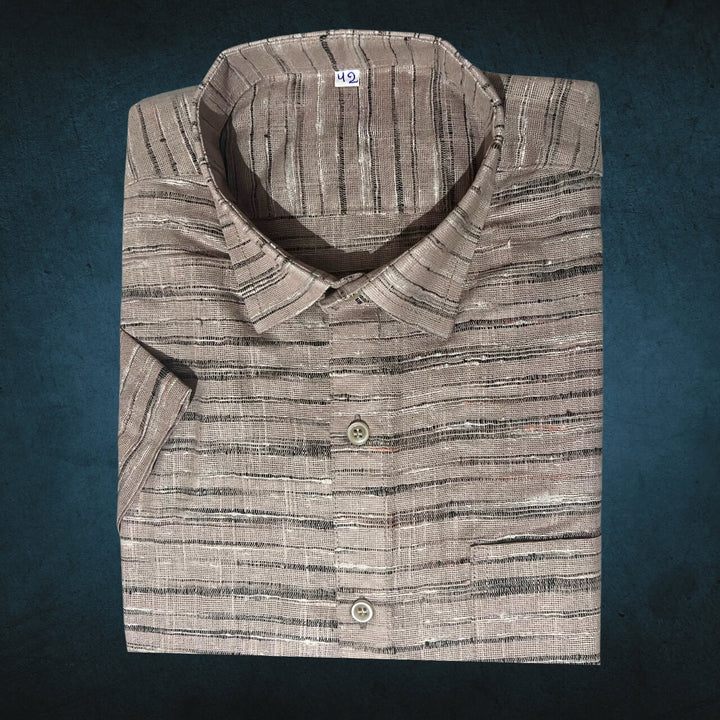 Handwoven Khadi Cotton Men's Half Sleeve Shirt | Cloud Cream with Stripes - 42" - Taalapatra
