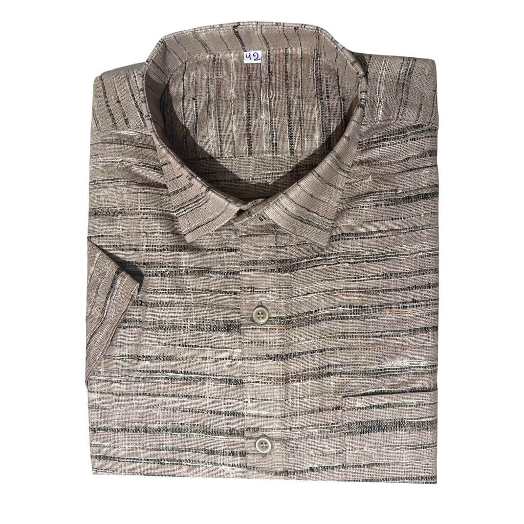Handwoven Khadi Cotton Men's Half Sleeve Shirt | Cloud Cream with Stripes - 42" - Taalapatra