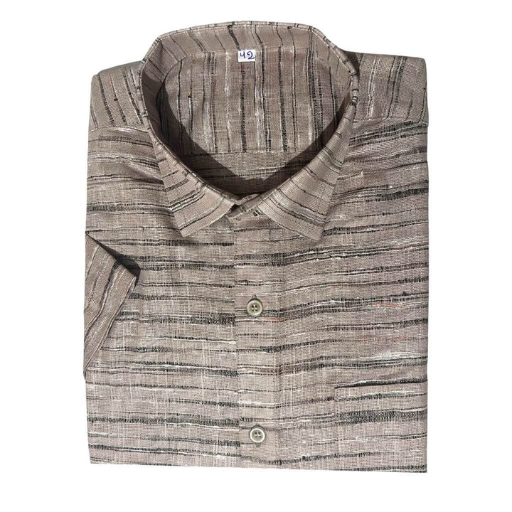 Handwoven Khadi Cotton Men's Half Sleeve Shirt | Cloud Cream with Stripes - 42" - Taalapatra