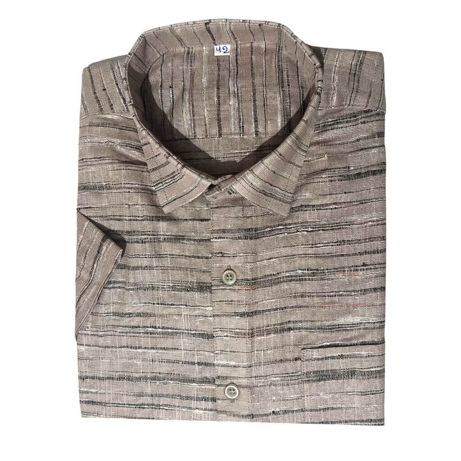 Handwoven Khadi Cotton Men's Half Sleeve Shirt | Cloud Cream with Stripes - 42" - Taalapatra