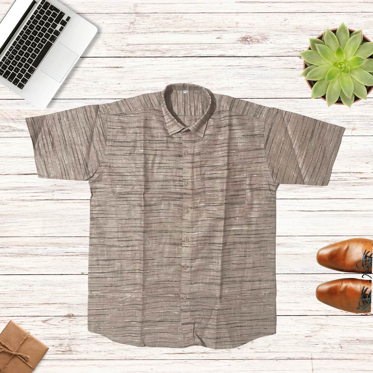 Handwoven Khadi Cotton Men's Half Sleeve Shirt | Cloud Cream with Stripes - 42" - Taalapatra Vibes