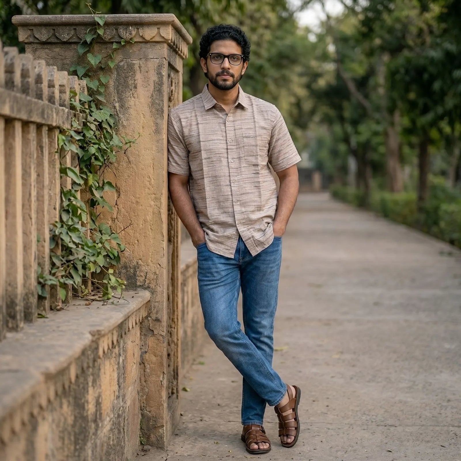 Handwoven Khadi Cotton Men's Half Sleeve Shirt | Cloud Cream with Stripes