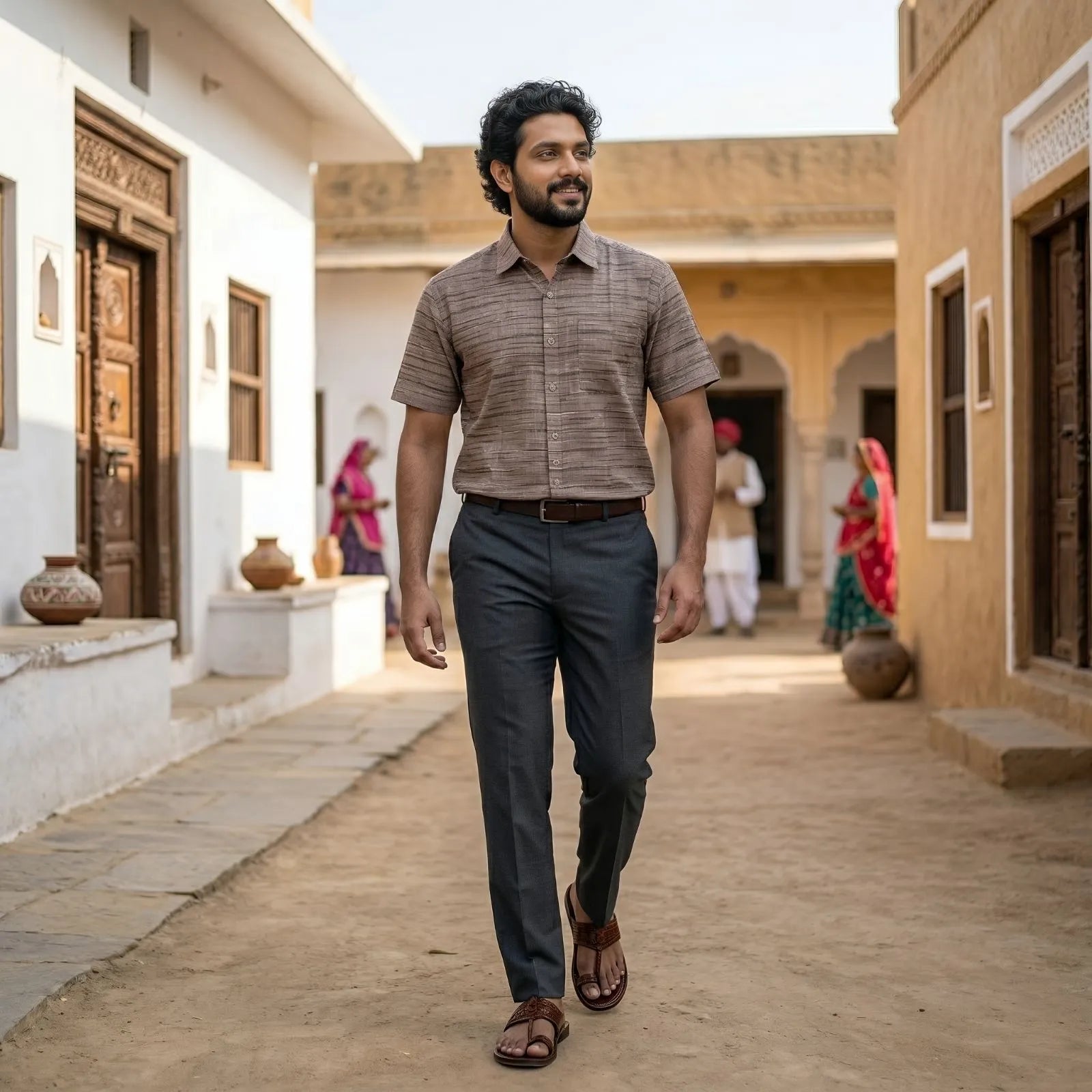 Handwoven Khadi Cotton Men's Half Sleeve Shirt | Cloud Cream with Stripes