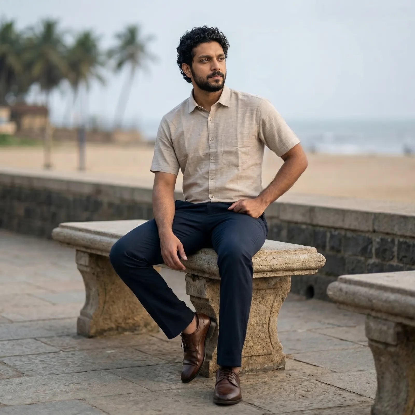 Handwoven Poly Khadi Cotton Men's Half Sleeve Shirt | Cloud Cream