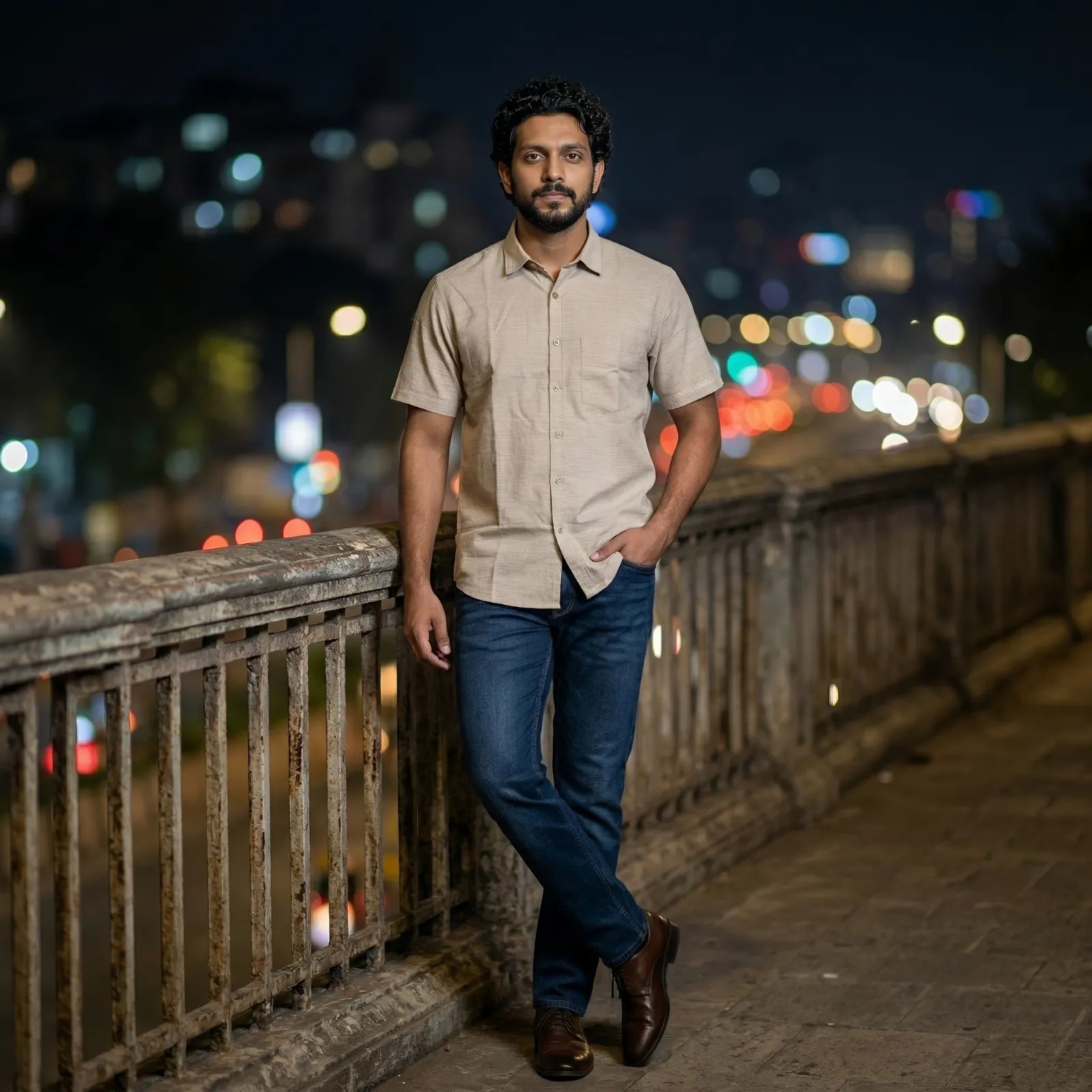 Handwoven Poly Khadi Cotton Men's Half Sleeve Shirt | Cloud Cream