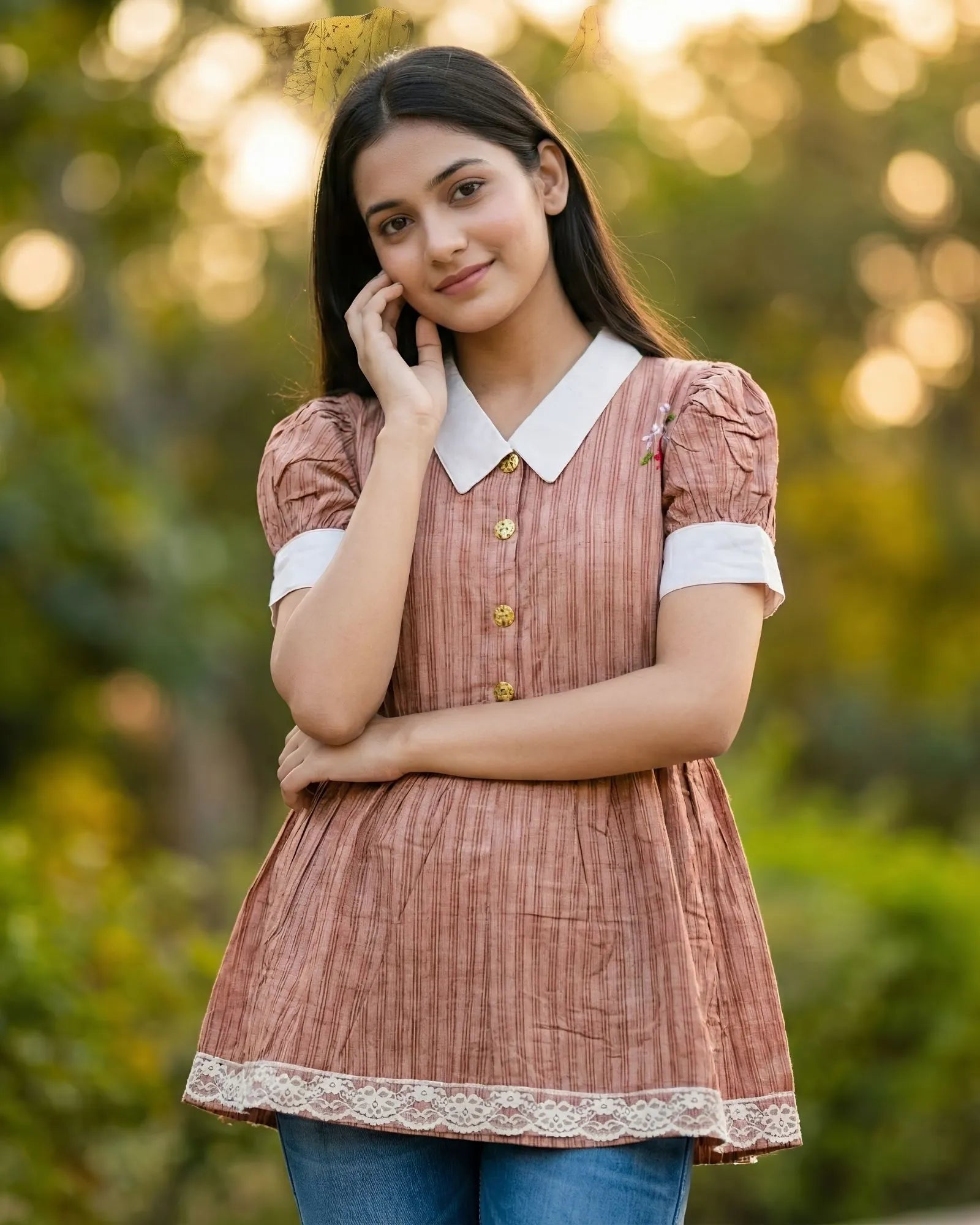 Peach Pink Colour Handwoven Short Dress/Kurti