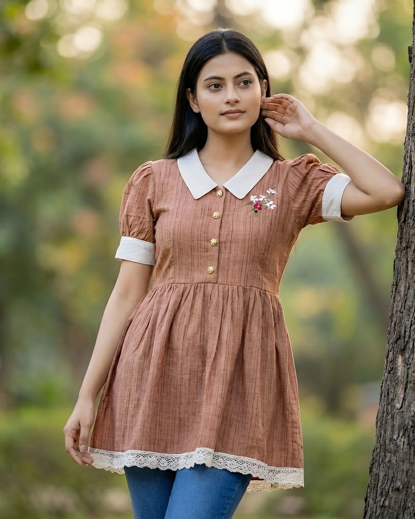 Peach Pink Colour Handwoven Short Dress/Kurti