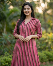 Women A-Line Khadi Kurta | Pink Grey Vertical Stripe