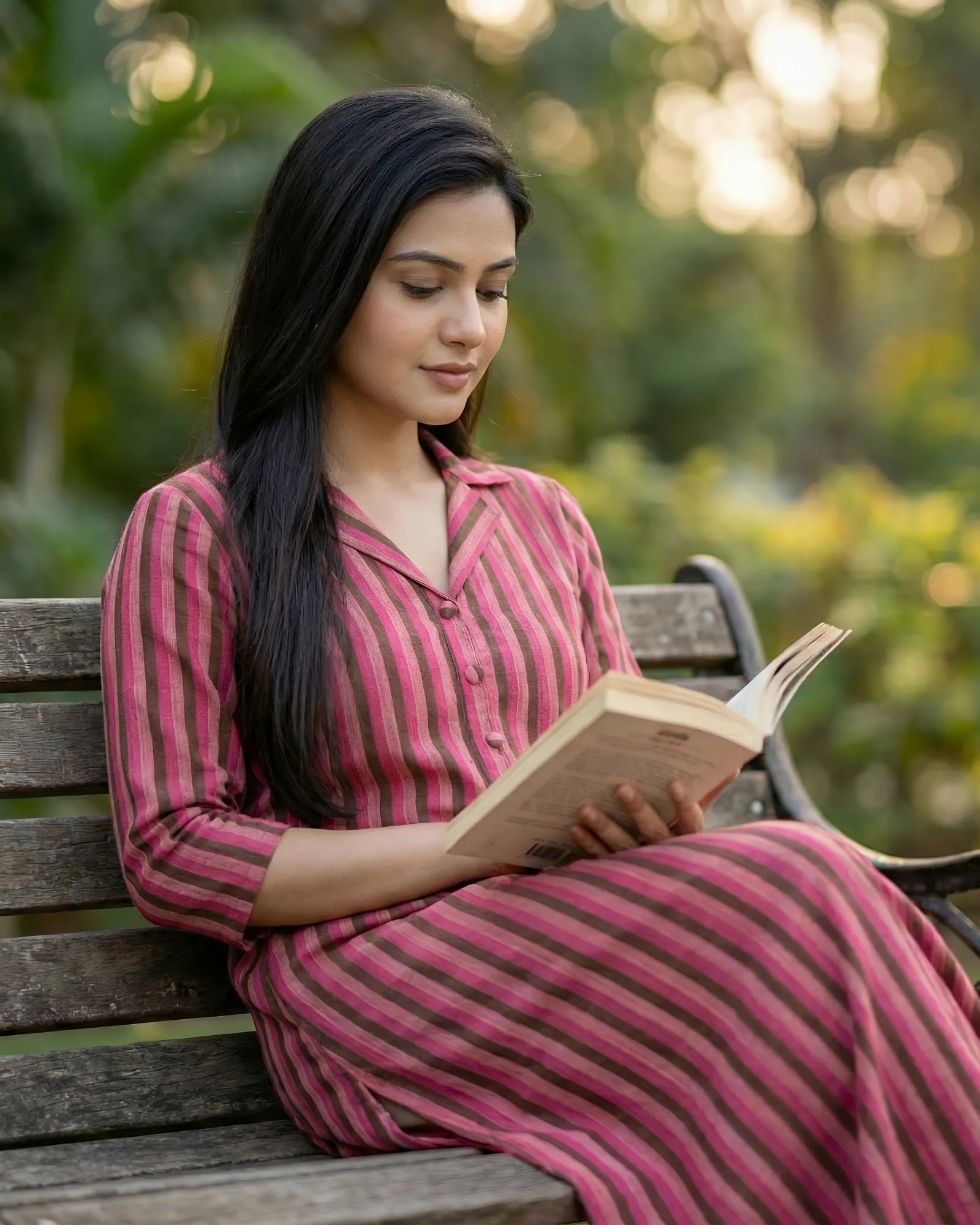 Women A-Line Khadi Kurta | Pink Grey Vertical Stripe