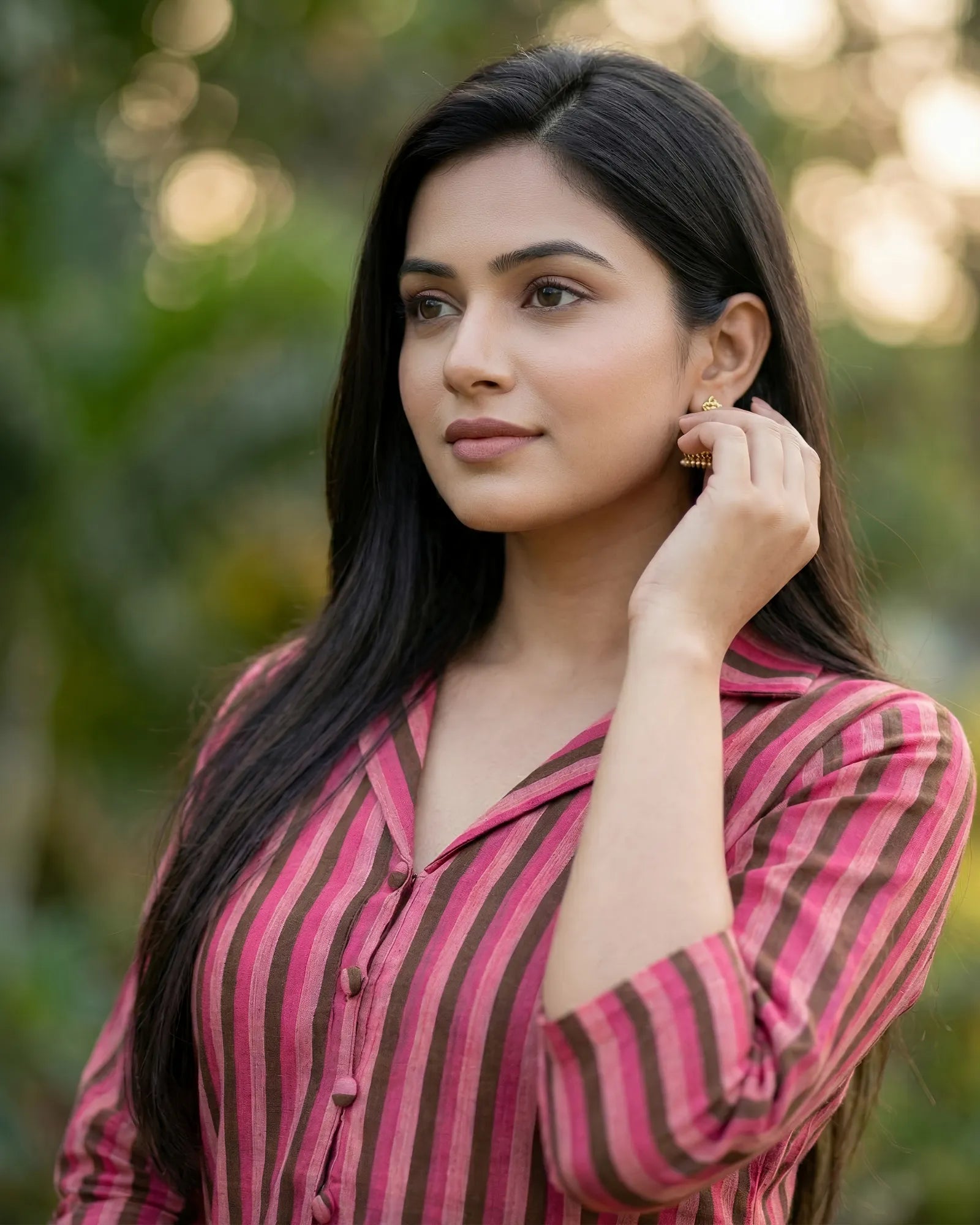 Women A-Line Khadi Kurta | Pink Grey Vertical Stripe