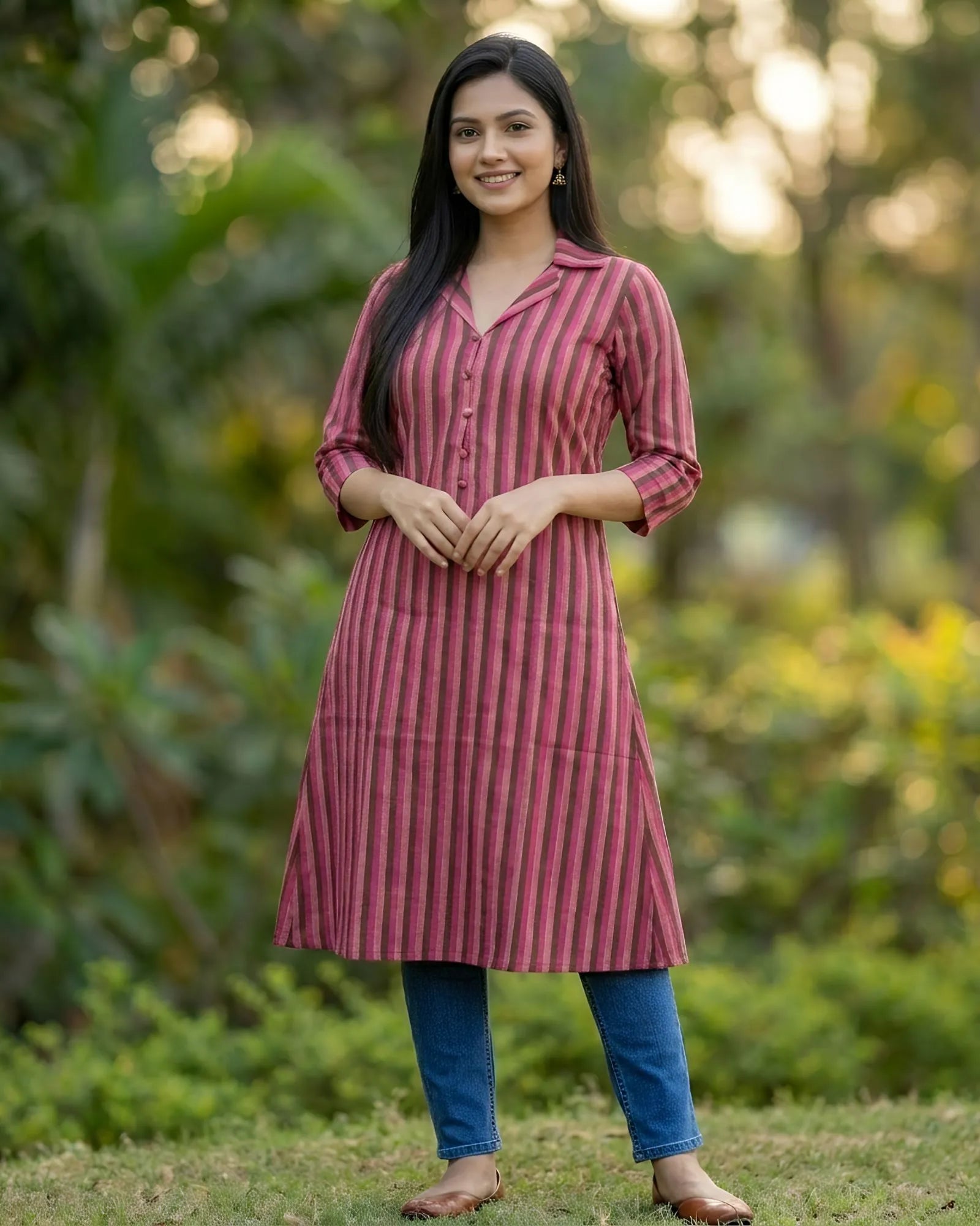 Women A-Line Khadi Kurta | Pink Grey Vertical Stripe
