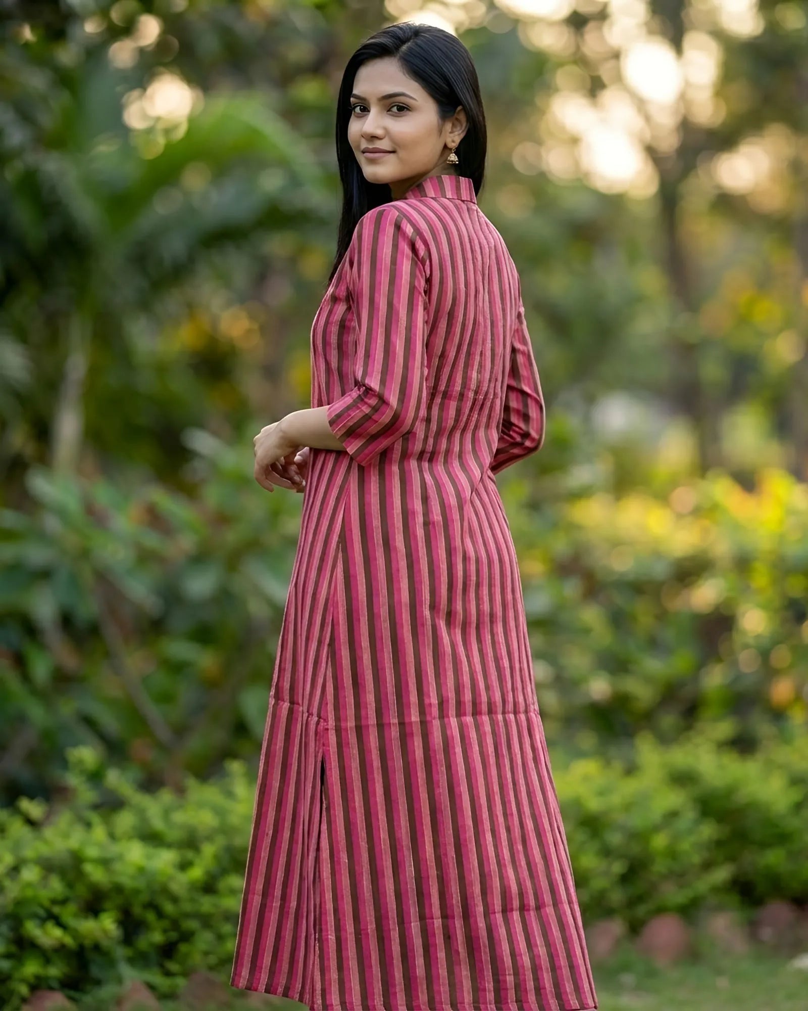 Women A-Line Khadi Kurta | Pink Grey Vertical Stripe