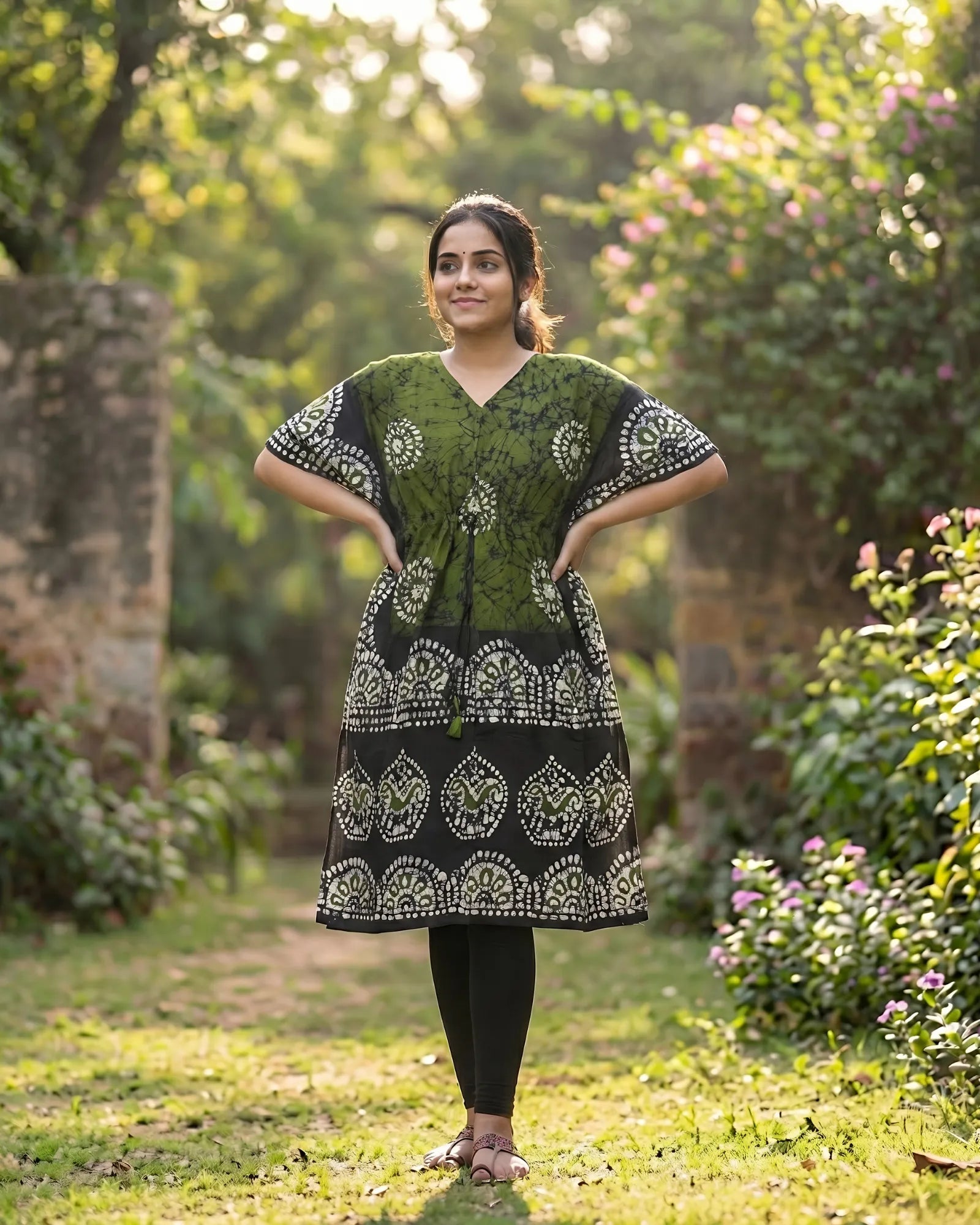Olive Green Colour Handwoven Batik Print Khadi Kaftan Kurta