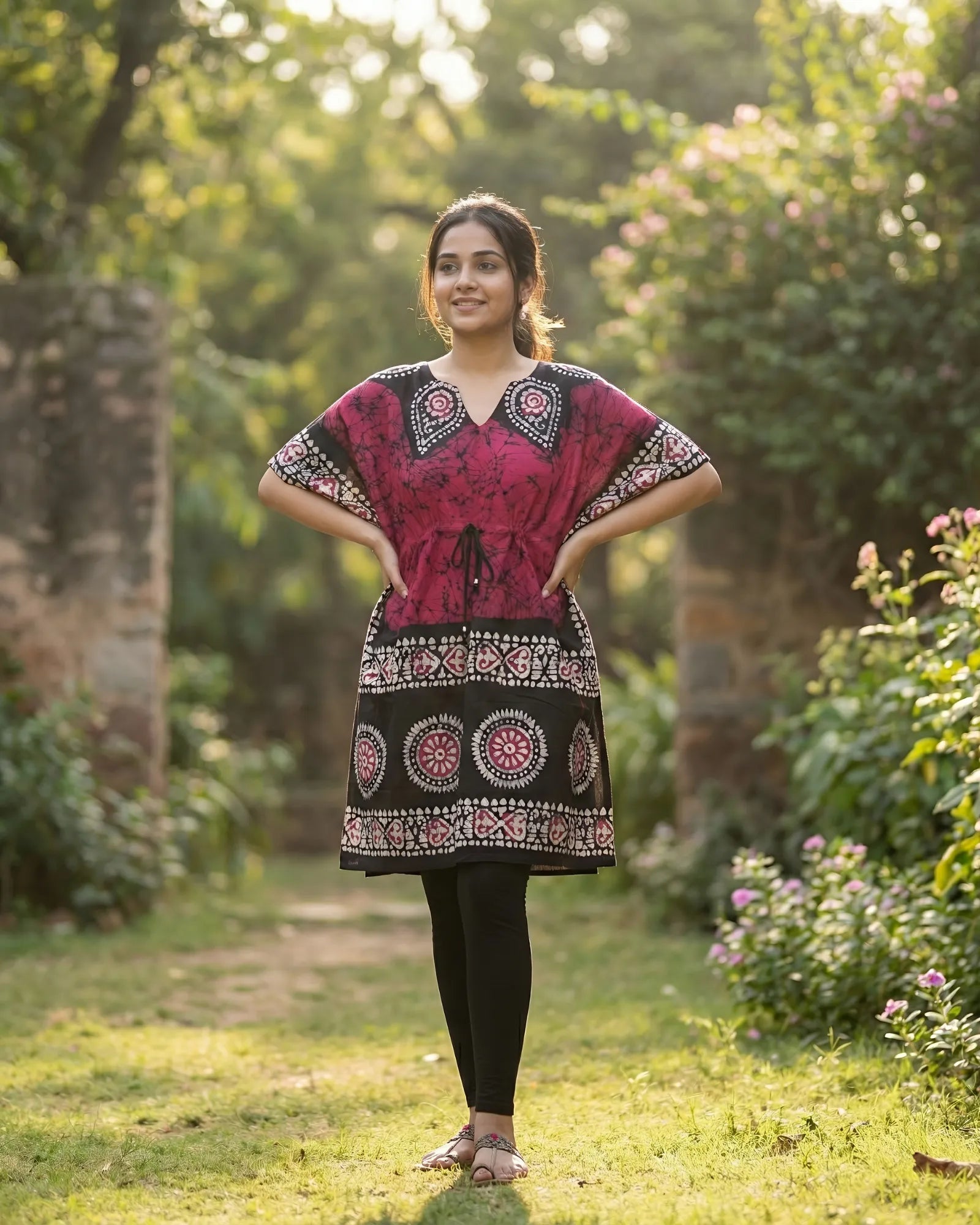 Fuchsia Colour Handwoven Batik Print Khadi Kaftan Kurta