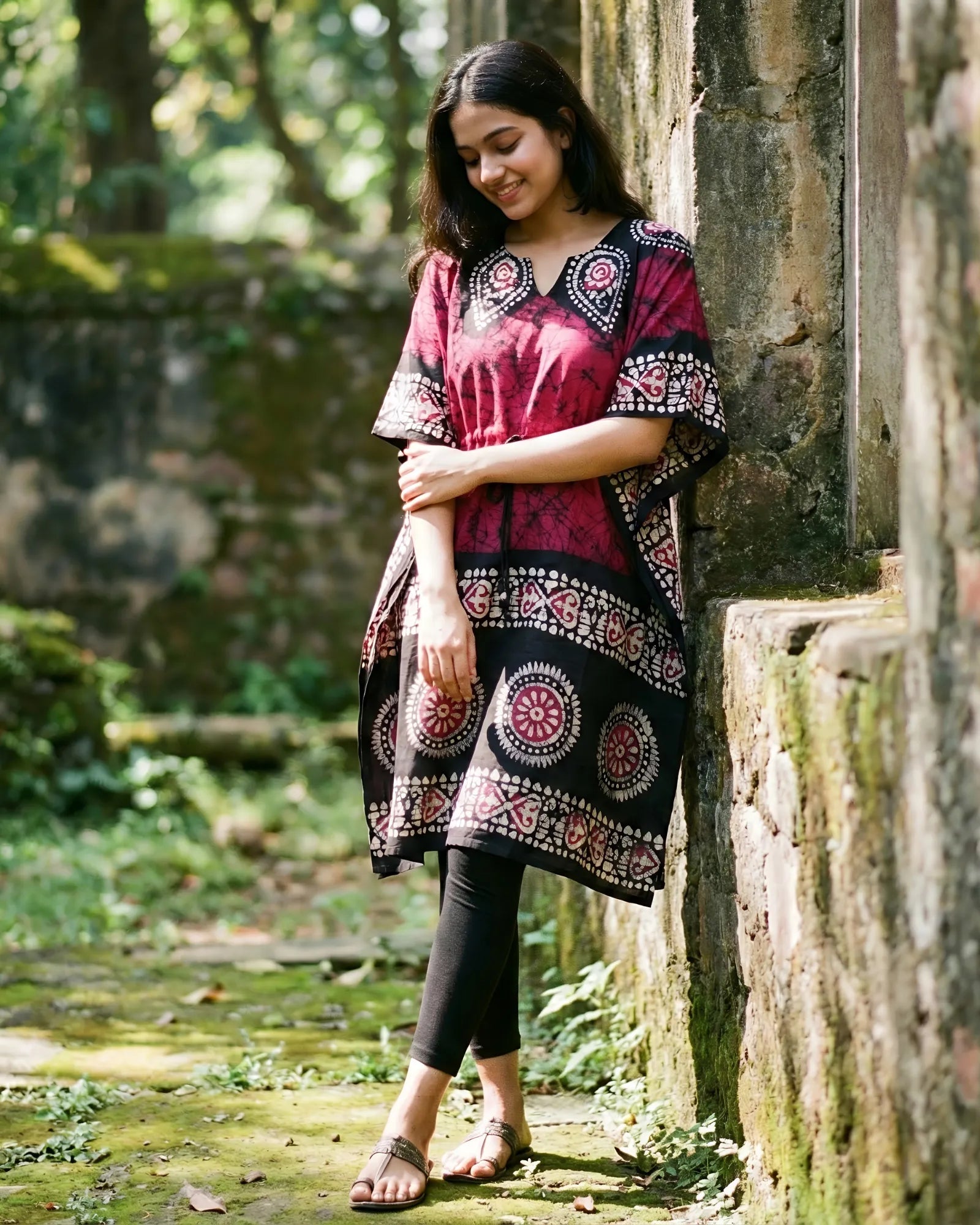 Fuchsia Colour Handwoven Batik Print Khadi Kaftan Kurta