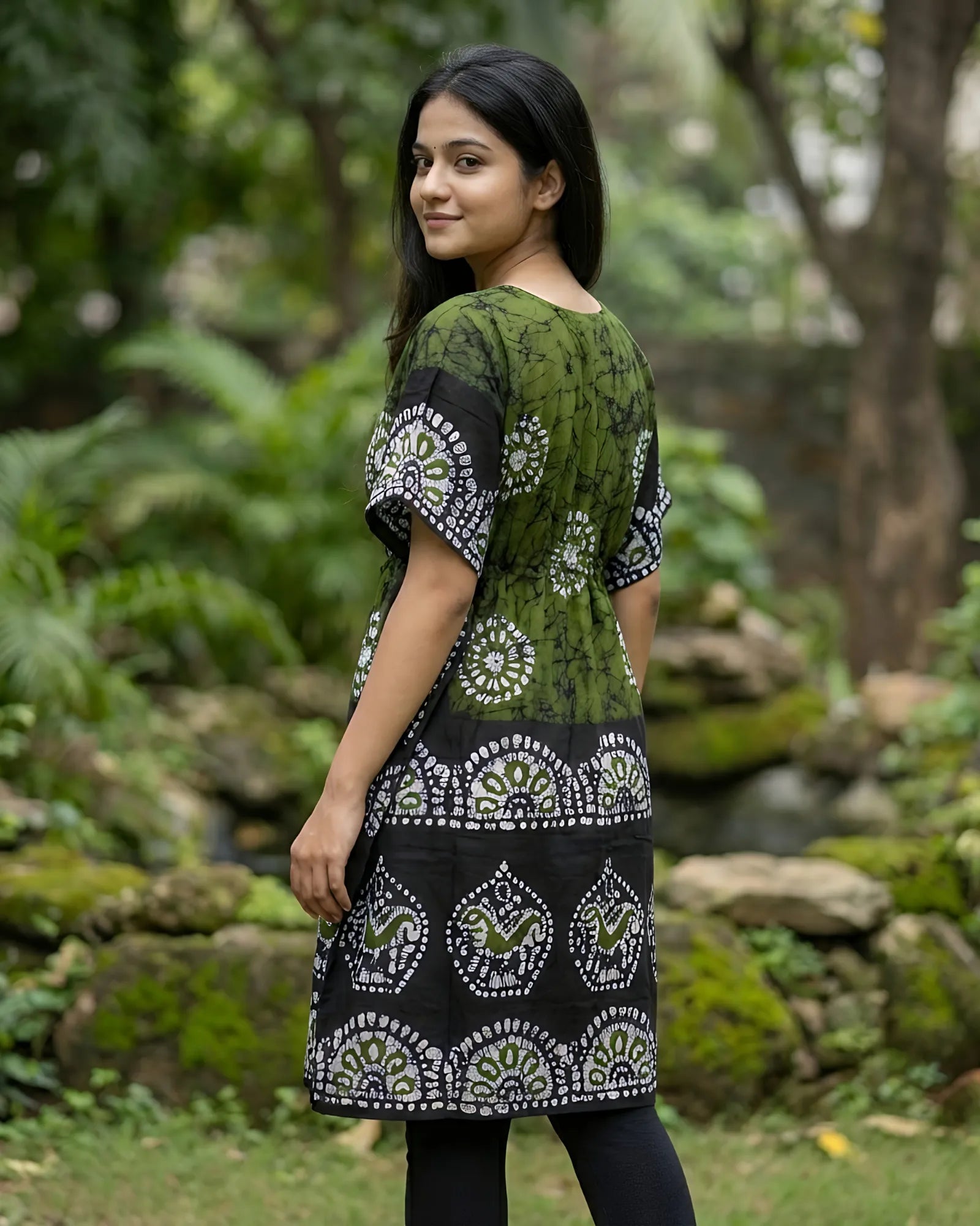 Olive Green Colour Handwoven Batik Print Khadi Kaftan Kurta