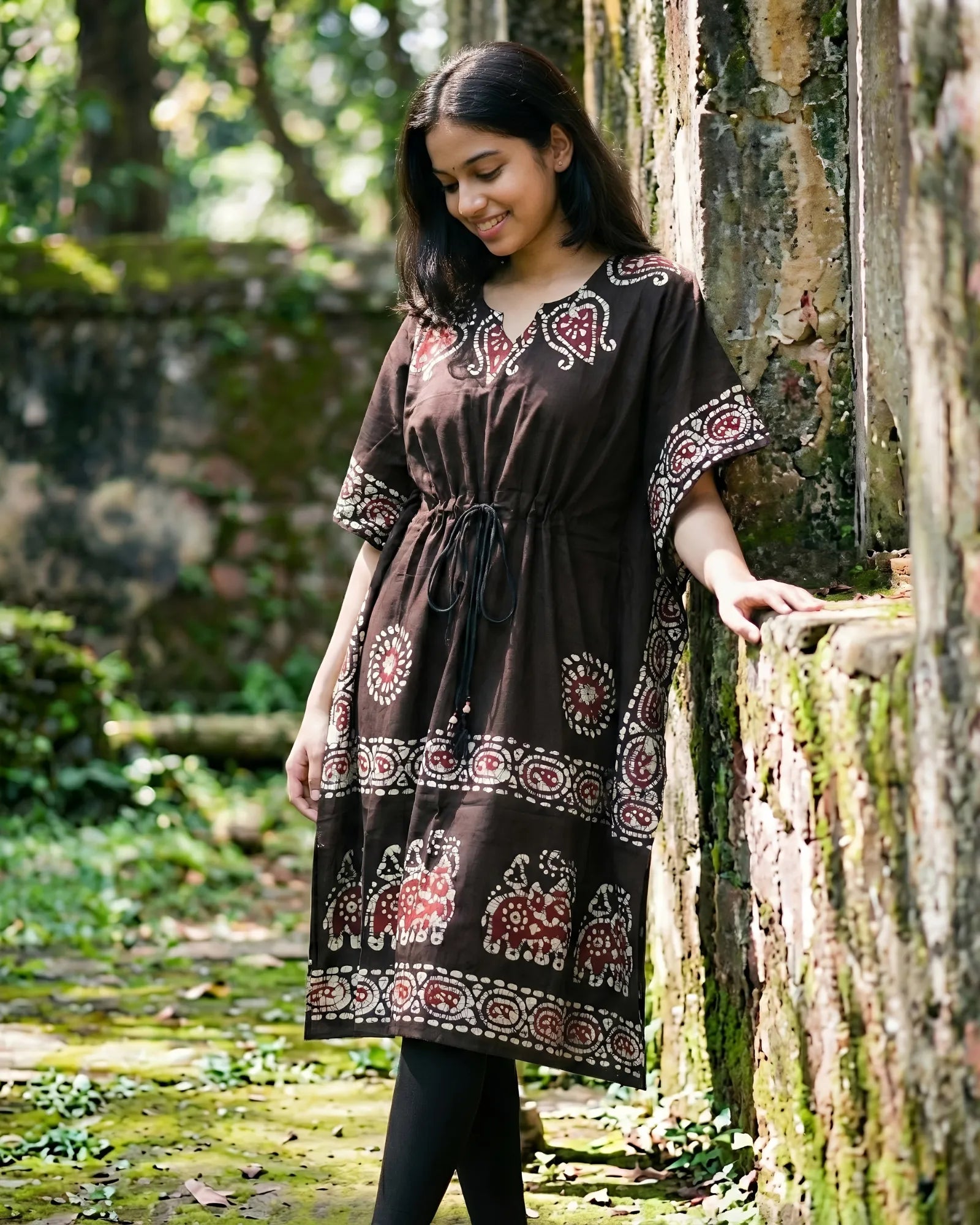 Coffee Brown Colour Handwoven Batik Print Khadi Kaftan Kurta