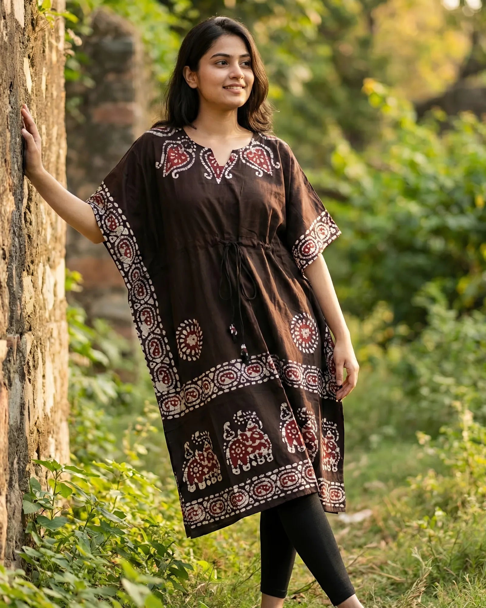 Coffee Brown Colour Handwoven Batik Print Khadi Kaftan Kurta