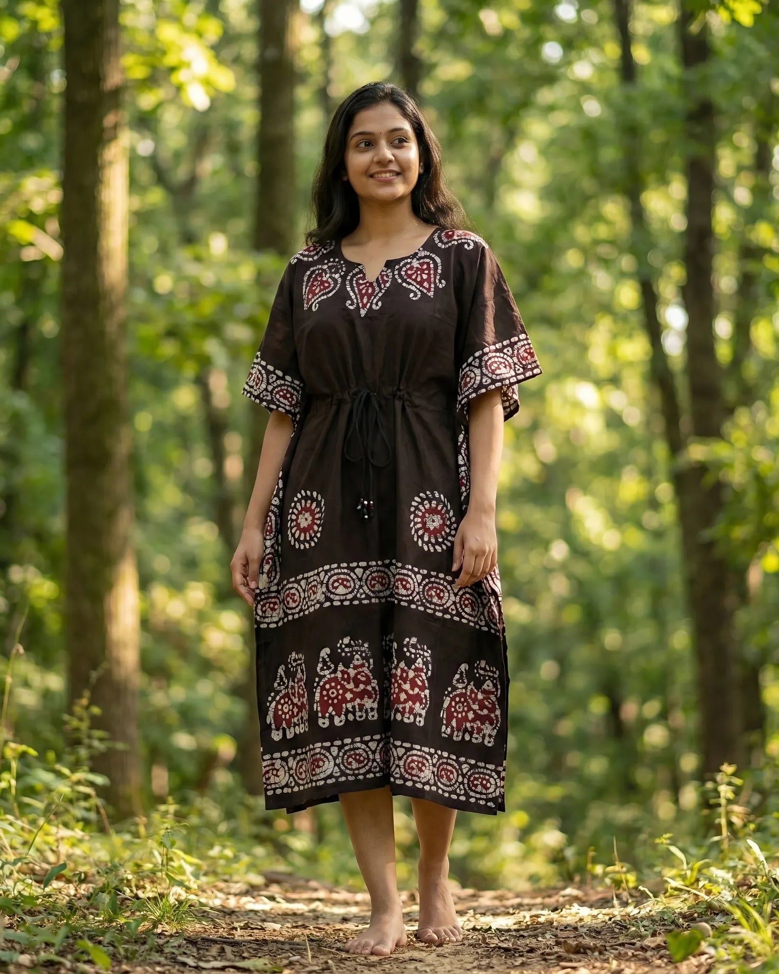 Coffee Brown Colour Handwoven Batik Print Khadi Kaftan Kurta